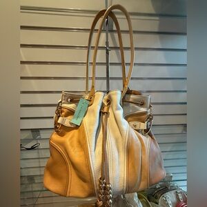 NWT Tan Colorblocked Genuine Leather bag - Designer Direct Aqua Madonna